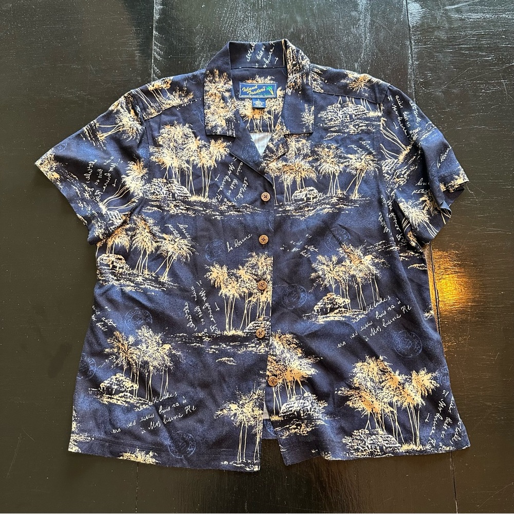 Retro Vintage Blue Hawaiian Button Down Blue Tropical Trees Floral Soft